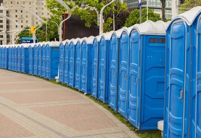 portable restrooms with sink and hand sanitizer stations, available at a festival in Eufaula, AL